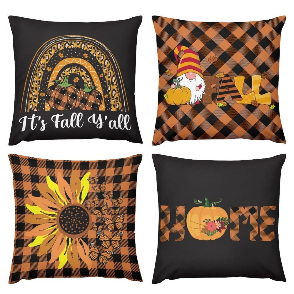 5099 Pack of 4 Fall Autumn Sunflowers Gnome Pumpkin Decorative Throw Pillow